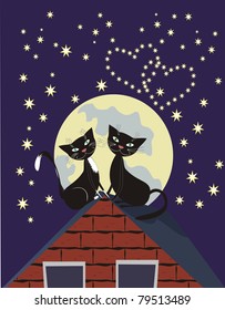 Two black cats on a roof at a moonlight