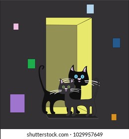 Two black cats on the window background