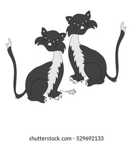 Two black cats are playing with a mouse. Illustration on a white background. Freehand sketch.