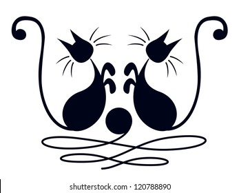 Two black cats playing with skein of wool over white background