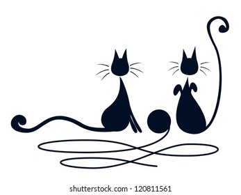 Two black cats playing with skein of wool over white background