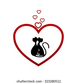 two black cats and red heart on white background. vector illustration
