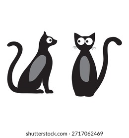Dos gatos negros sentados y mirando alrededor en un estilo de ilustración minimalista