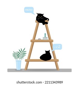Two black cats sleep on a rack. vector illustration