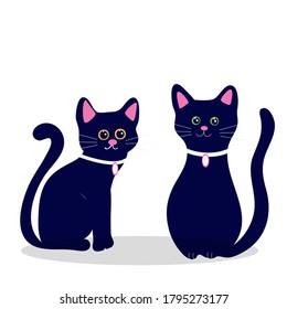 Two black cats. Vector illustration isolated on white background.