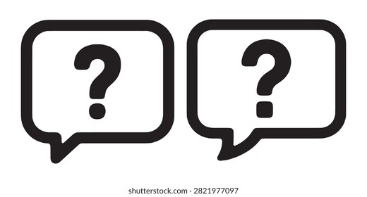Two black chat boxes featuring question marks inside, communication symbols for website help and user support.