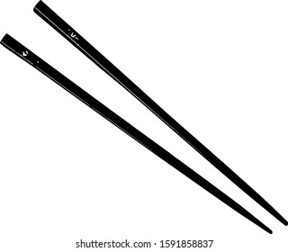 Two black chopsticks with design isolated on white background, copy space