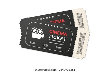 Two black cinema tickets isolated on white background. Realistic movie tickets. Coupon of concert, theatre or film. Cards entrance with row and seat numbers. Vector EPS 10