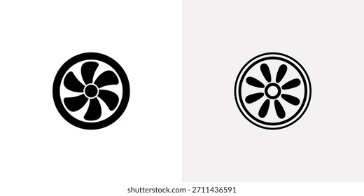 Dos iconos circulares negros con un ventilador estilizado con hojas redondeadas, en contraste con un fondo blanco, estilo minimalista.