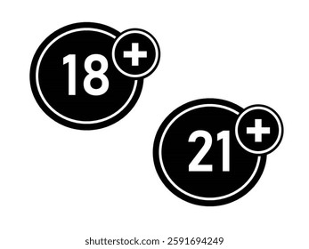 Two black circular icons with white text, indicating age restrictions. One icon displays "18+" and the other "21+", both signifying content or activities restricted to individuals above these ages.