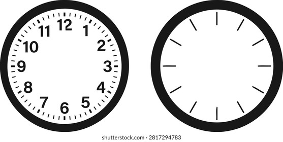 Two black clock faces with numbers and hands on a white background silhouette