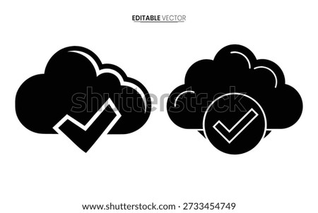 Two black cloud icons with checkmarks representing data download or successful verification high quality professional