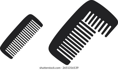Dois pentes pretos, um maior que o outro, são representados contra um fundo branco.  Eles são simples, representações gráficas de pentes de cabelo comuns.