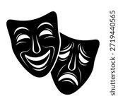 Two black comedy and tragedy masks on white background, symbolizing theater and drama