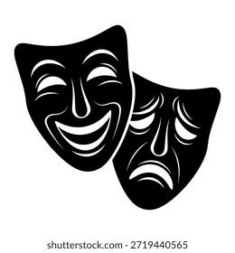 Duas máscaras negras de comédia e tragédia sobre fundo branco, simbolizando teatro e drama