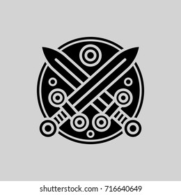 Two black crossed contour swords on a shield in Scandinavian style on dark background