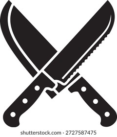 Dos cuchillos de cocina cruzados negros, uno con borde dentado sobre fondo blanco, cuchillo de cocina, cuchillos cruzados