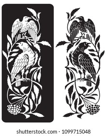 Two black crows and branches of mountain ash, an illustration of Scandinavian mythology, isolated on white, vector illustration