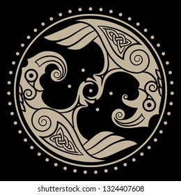 Two black crows, an illustration of Scandinavian mythology, isolated on black, vector illustration