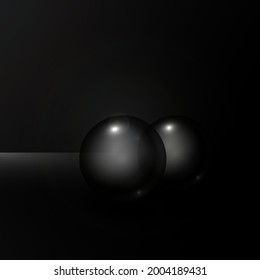 two black crystal balls on the dark floor. 3D illustration.