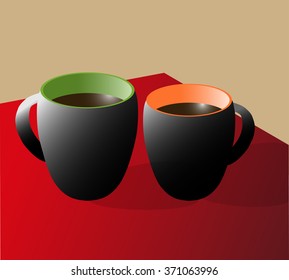 Two black cups of coffee on a red table. Vector illustration
