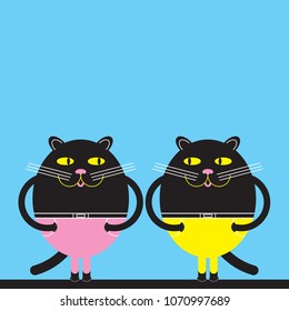 Two black cute cat in color trousers on a blue background. Cartoon character