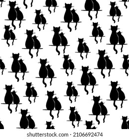 Dos lindos gatos negros con fondo blanco. Patrón sin brillo para tela, papel, tarjeta. 