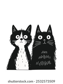 Two black cute cats in black and white cartoon style, doodle style, hand drawn, on a white background