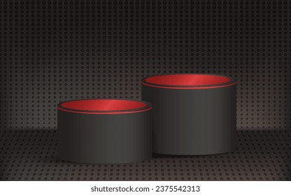 Two black cylindrical 3D platform podiums with red decor on a dark background with a halftone effect. Showcase with stands for products