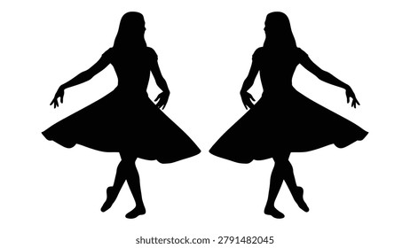 Two black dancer silhouettes are depicted against a white background, showcasing dynamic poses and graceful forms.