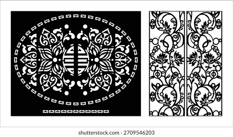 Dos paneles decorativos negros con un diseño de mandala ovalado y volutas de Vertical sobre un fondo negro.