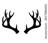 Two black deer antlers facing opposite directions isolated on transparent background for graphic design use