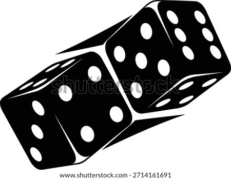 Two black dice with white dots are shown against a stark white background. The dice are angled and appear to be in motion.