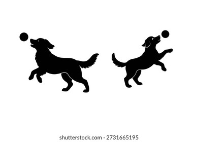 Dos perros negros que cogen bolas en la Ilustración vectorial plana del estilo de la silueta del aire aislado en un fondo blanco