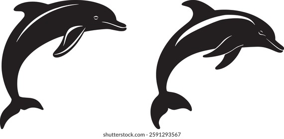 Two Black Dolphin Silhouettes, Vector Illustration.