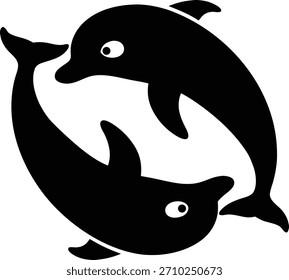 Dos delfines negros formando un círculo aislado sobre fondo transparente