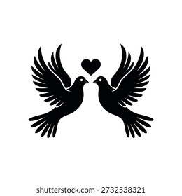 Two black doves facing each other with a heart between them