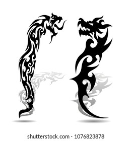 Two black dragon silhouette with shadow on white background, vector