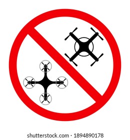 Two black drones quadcopter, red round prohibiting sign on white background for design, vector illustration