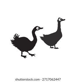 Two black ducks standing and facing right in a simple illustration style