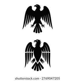 Two black eagle silhouettes with spread wings, one with sharp talons and detailed feathers, on a pure white background, creating a striking contrast