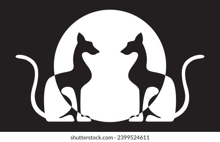 Two black egyptian cats shape silhouette sitting. Black and white sun background. Vector illustration.