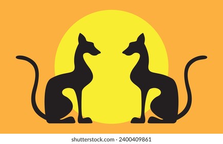 Two black egyptian cats shape silhouette sitting. Orange and sun background. Vector illustration.