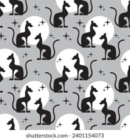 Two black egyptian cats shape silhouette sitting. Monochrome sun background. Vector illustration. Seamless pattern.