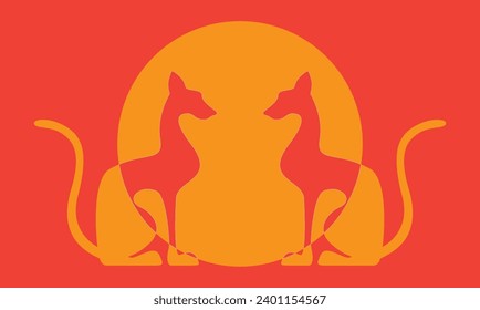 Two black egyptian cats shape silhouette sitting. Colorful sun background. Vector illustration.