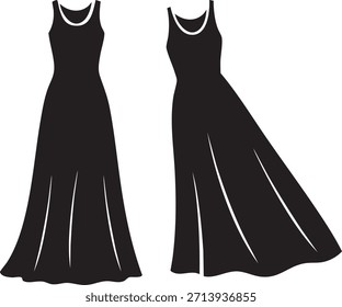 Two black evening dresses with halter necklines and long flowing skirts