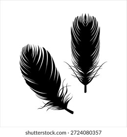 Duas penas pretas sobre fundo branco, uma com bordas macias e a outra com bordas lisas, ambas com ilustrações detalhadas.