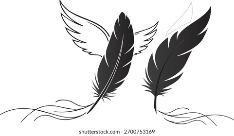 Two black feathers with a white background. One feather has a wing attached to it. The other feather is plain. The feathers have a simple, elegant design.