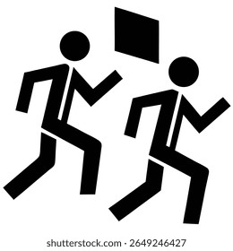 Two black figures in silhouette are running forward. One figure is slightly ahead of the other and appears to be carrying a black rectangular shape.