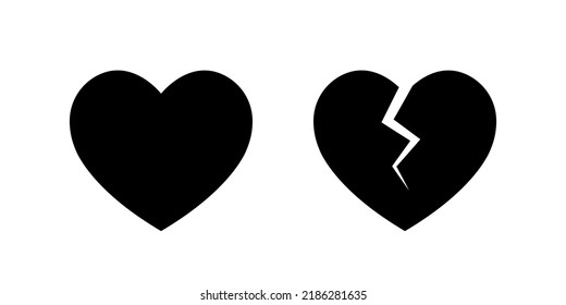 Two Black Filled Heart Icons, Broken Heart, Love Symbol, Cracked Heart Icon, Heartbreak, Simple Flat Vector Icon